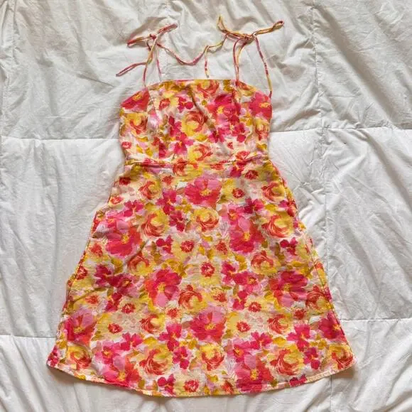 old navy sz XS Cottagecore linen babydoll floral mini dress stappy pockets - Picture 7 of 8